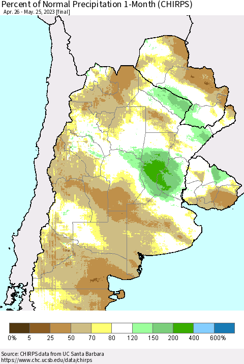 Southern South America Percent of Normal Precipitation 1-Month (CHIRPS) Thematic Map For 4/26/2023 - 5/25/2023