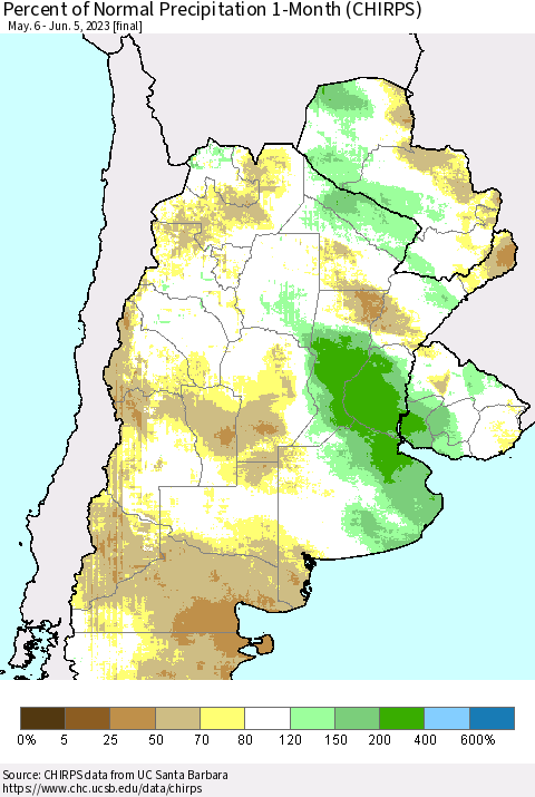 Southern South America Percent of Normal Precipitation 1-Month (CHIRPS) Thematic Map For 5/6/2023 - 6/5/2023