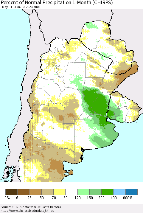 Southern South America Percent of Normal Precipitation 1-Month (CHIRPS) Thematic Map For 5/11/2023 - 6/10/2023
