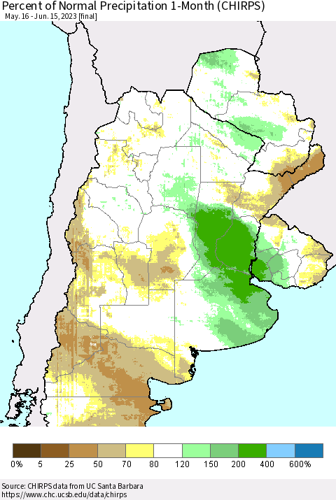 Southern South America Percent of Normal Precipitation 1-Month (CHIRPS) Thematic Map For 5/16/2023 - 6/15/2023