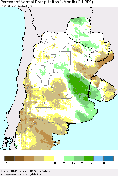 Southern South America Percent of Normal Precipitation 1-Month (CHIRPS) Thematic Map For 5/21/2023 - 6/20/2023