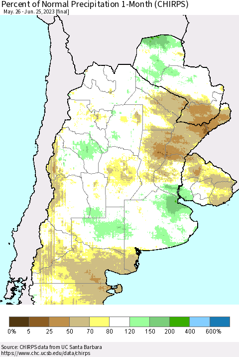 Southern South America Percent of Normal Precipitation 1-Month (CHIRPS) Thematic Map For 5/26/2023 - 6/25/2023