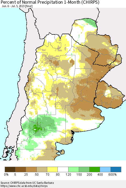 Southern South America Percent of Normal Precipitation 1-Month (CHIRPS) Thematic Map For 6/6/2023 - 7/5/2023