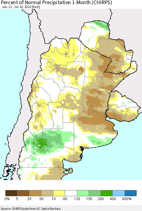 Southern South America Percent of Normal Precipitation 1-Month (CHIRPS) Thematic Map For 6/11/2023 - 7/10/2023
