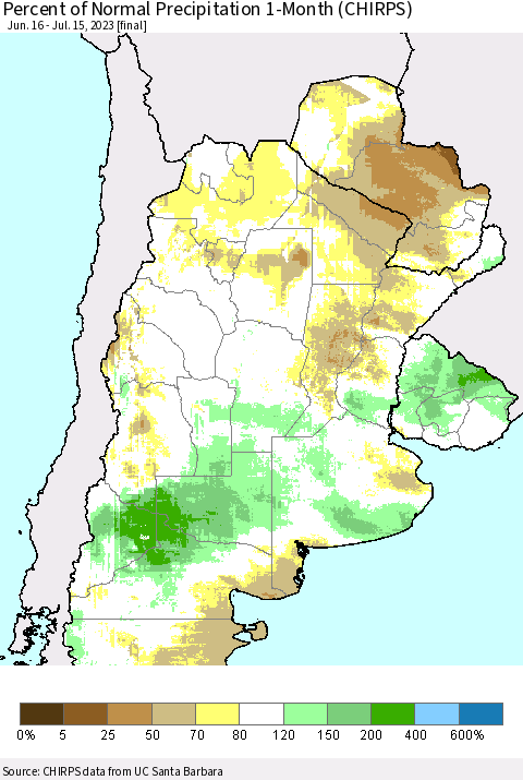 Southern South America Percent of Normal Precipitation 1-Month (CHIRPS) Thematic Map For 6/16/2023 - 7/15/2023