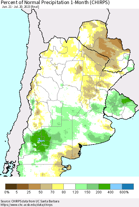 Southern South America Percent of Normal Precipitation 1-Month (CHIRPS) Thematic Map For 6/21/2023 - 7/20/2023
