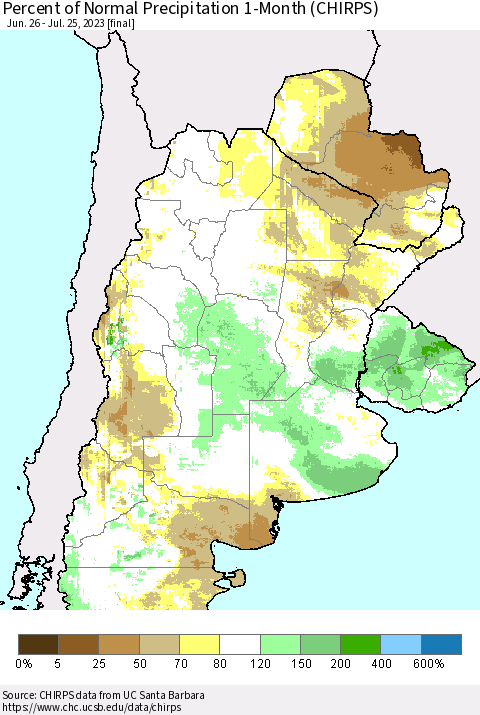 Southern South America Percent of Normal Precipitation 1-Month (CHIRPS) Thematic Map For 6/26/2023 - 7/25/2023