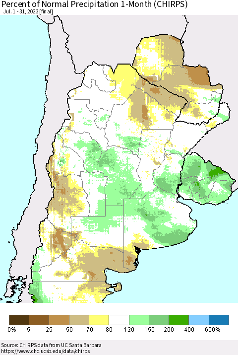 Southern South America Percent of Normal Precipitation 1-Month (CHIRPS) Thematic Map For 7/1/2023 - 7/31/2023