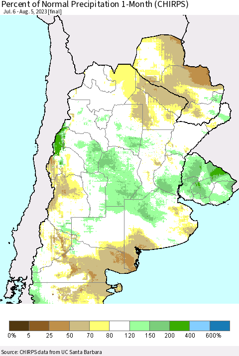 Southern South America Percent of Normal Precipitation 1-Month (CHIRPS) Thematic Map For 7/6/2023 - 8/5/2023