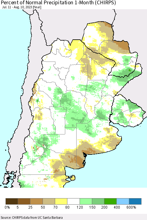 Southern South America Percent of Normal Precipitation 1-Month (CHIRPS) Thematic Map For 7/11/2023 - 8/10/2023