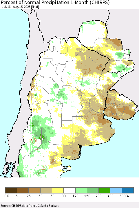 Southern South America Percent of Normal Precipitation 1-Month (CHIRPS) Thematic Map For 7/16/2023 - 8/15/2023