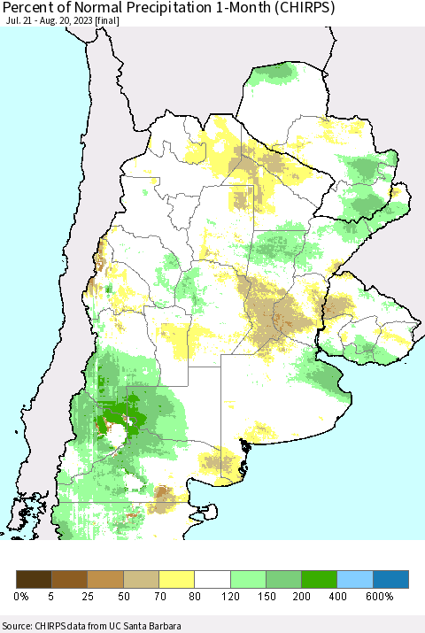 Southern South America Percent of Normal Precipitation 1-Month (CHIRPS) Thematic Map For 7/21/2023 - 8/20/2023