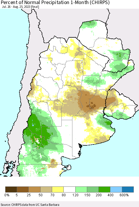 Southern South America Percent of Normal Precipitation 1-Month (CHIRPS) Thematic Map For 7/26/2023 - 8/25/2023