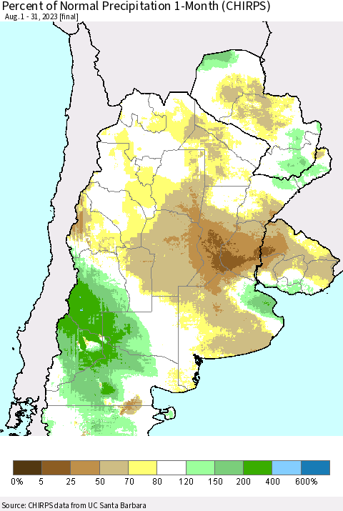 Southern South America Percent of Normal Precipitation 1-Month (CHIRPS) Thematic Map For 8/1/2023 - 8/31/2023