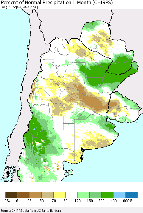Southern South America Percent of Normal Precipitation 1-Month (CHIRPS) Thematic Map For 8/6/2023 - 9/5/2023