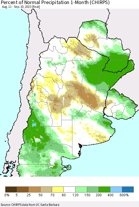 Southern South America Percent of Normal Precipitation 1-Month (CHIRPS) Thematic Map For 8/11/2023 - 9/10/2023