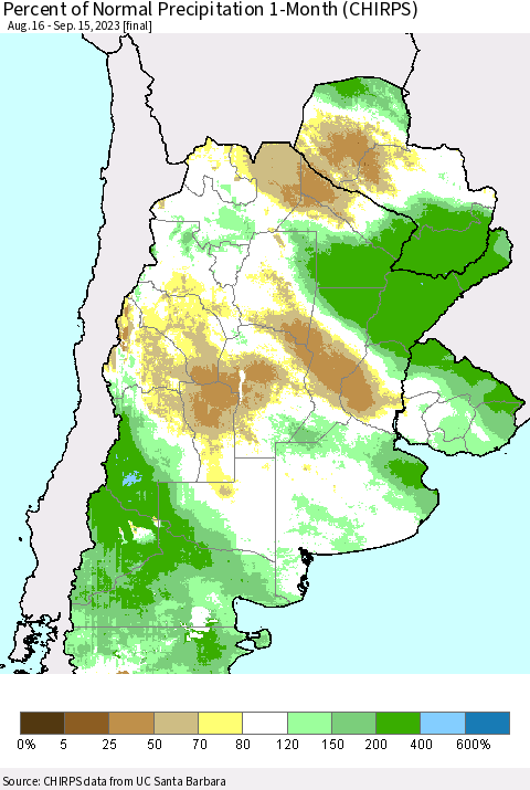 Southern South America Percent of Normal Precipitation 1-Month (CHIRPS) Thematic Map For 8/16/2023 - 9/15/2023