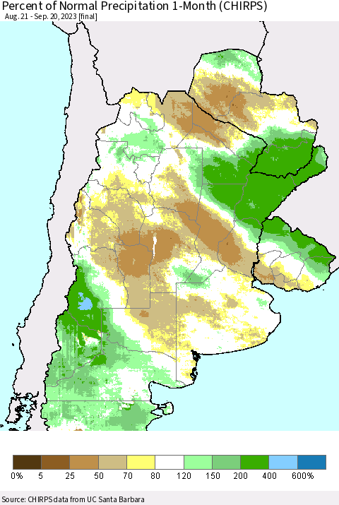 Southern South America Percent of Normal Precipitation 1-Month (CHIRPS) Thematic Map For 8/21/2023 - 9/20/2023