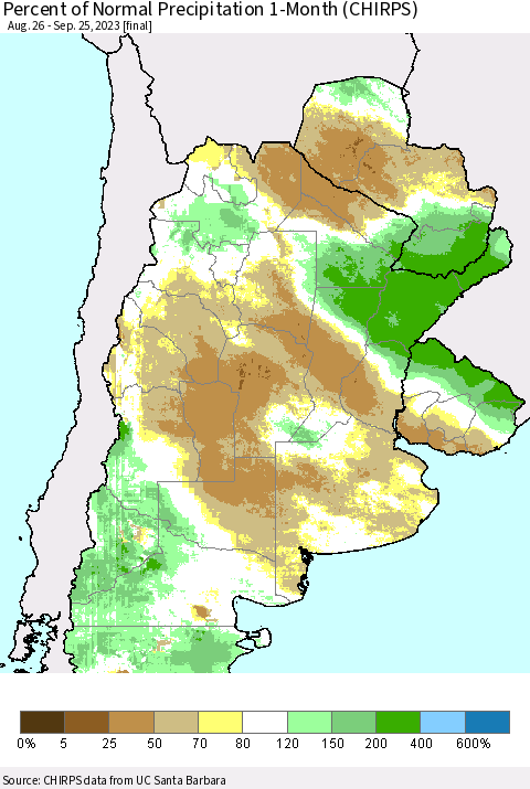 Southern South America Percent of Normal Precipitation 1-Month (CHIRPS) Thematic Map For 8/26/2023 - 9/25/2023