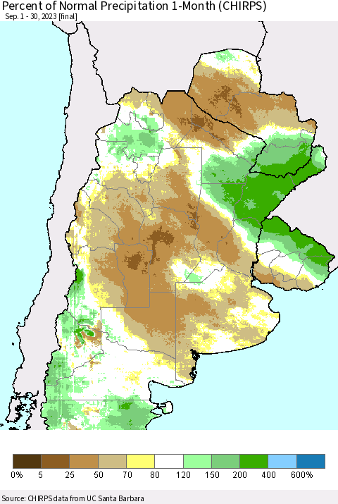 Southern South America Percent of Normal Precipitation 1-Month (CHIRPS) Thematic Map For 9/1/2023 - 9/30/2023