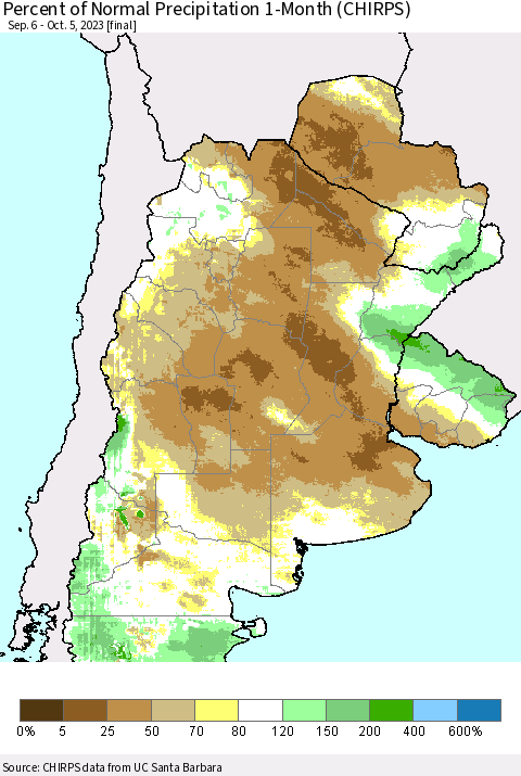 Southern South America Percent of Normal Precipitation 1-Month (CHIRPS) Thematic Map For 9/6/2023 - 10/5/2023