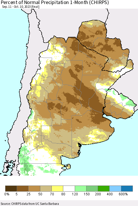 Southern South America Percent of Normal Precipitation 1-Month (CHIRPS) Thematic Map For 9/11/2023 - 10/10/2023