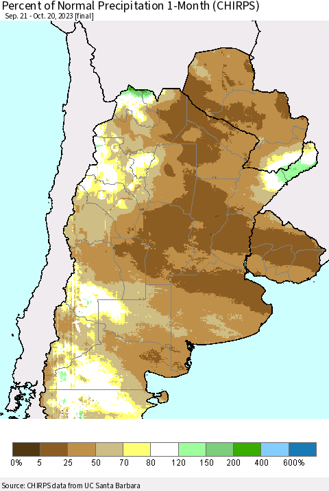 Southern South America Percent of Normal Precipitation 1-Month (CHIRPS) Thematic Map For 9/21/2023 - 10/20/2023