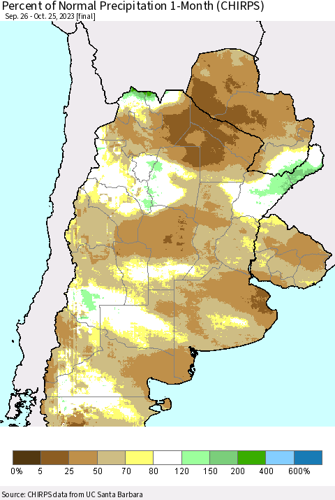 Southern South America Percent of Normal Precipitation 1-Month (CHIRPS) Thematic Map For 9/26/2023 - 10/25/2023