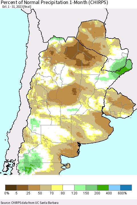 Southern South America Percent of Normal Precipitation 1-Month (CHIRPS) Thematic Map For 10/1/2023 - 10/31/2023