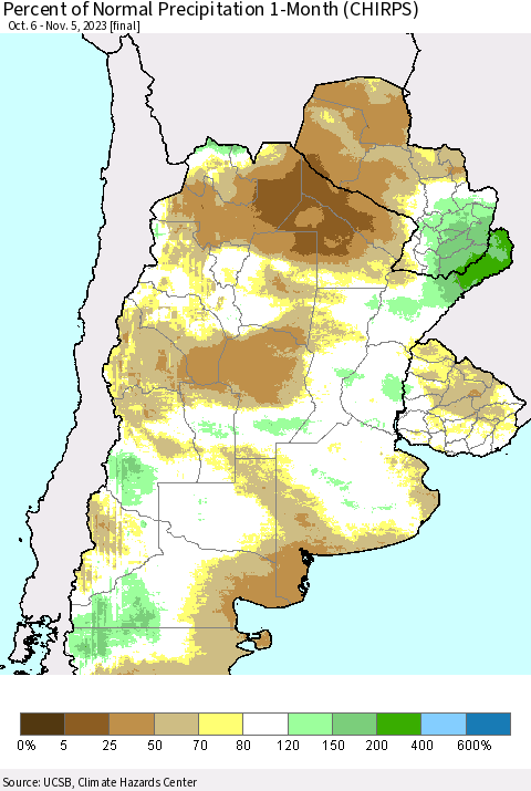 Southern South America Percent of Normal Precipitation 1-Month (CHIRPS) Thematic Map For 10/6/2023 - 11/5/2023