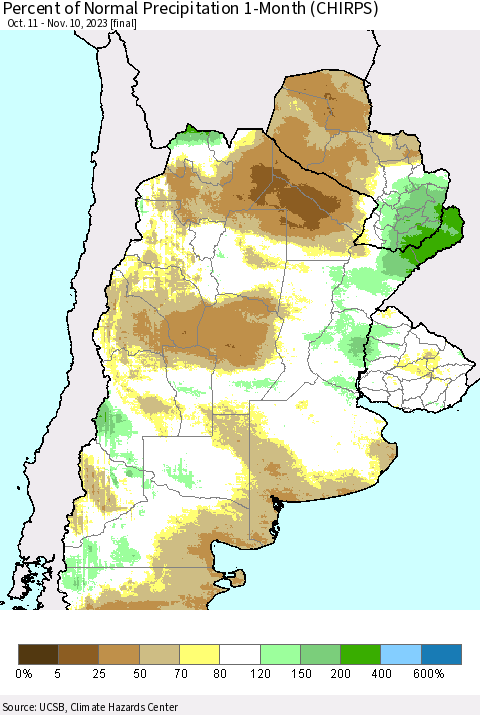 Southern South America Percent of Normal Precipitation 1-Month (CHIRPS) Thematic Map For 10/11/2023 - 11/10/2023