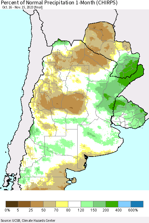 Southern South America Percent of Normal Precipitation 1-Month (CHIRPS) Thematic Map For 10/16/2023 - 11/15/2023