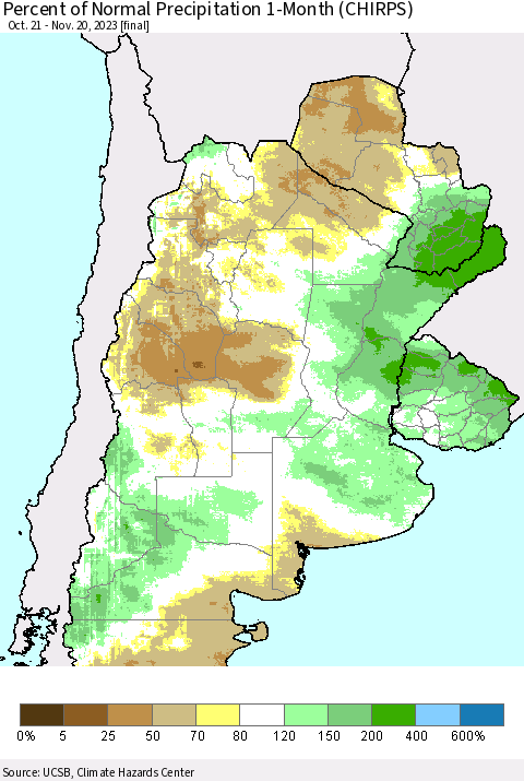 Southern South America Percent of Normal Precipitation 1-Month (CHIRPS) Thematic Map For 10/21/2023 - 11/20/2023
