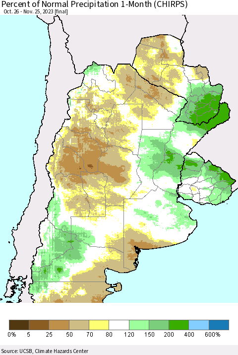 Southern South America Percent of Normal Precipitation 1-Month (CHIRPS) Thematic Map For 10/26/2023 - 11/25/2023