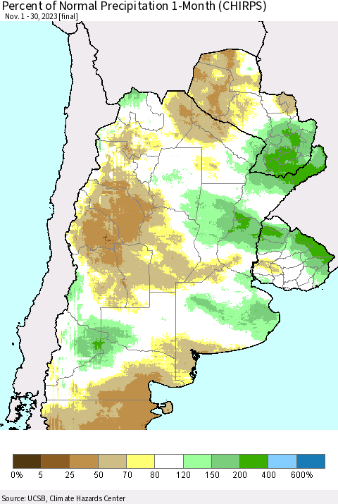 Southern South America Percent of Normal Precipitation 1-Month (CHIRPS) Thematic Map For 11/1/2023 - 11/30/2023