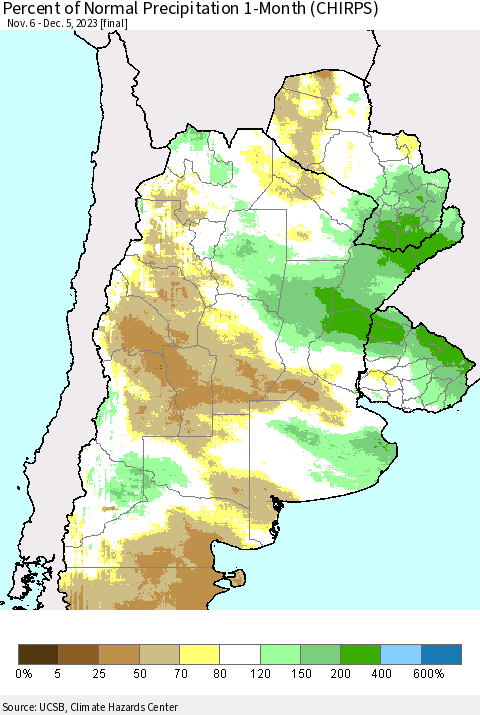 Southern South America Percent of Normal Precipitation 1-Month (CHIRPS) Thematic Map For 11/6/2023 - 12/5/2023