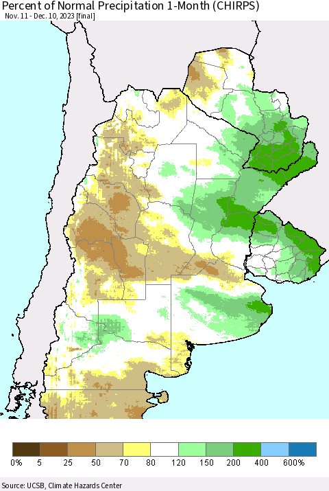 Southern South America Percent of Normal Precipitation 1-Month (CHIRPS) Thematic Map For 11/11/2023 - 12/10/2023