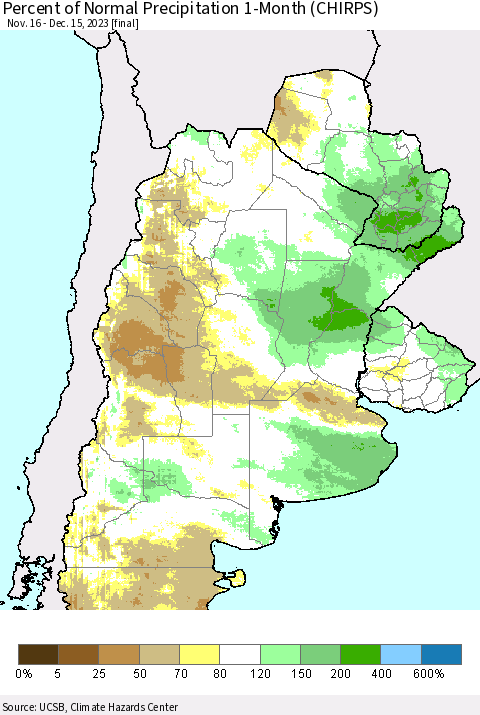 Southern South America Percent of Normal Precipitation 1-Month (CHIRPS) Thematic Map For 11/16/2023 - 12/15/2023