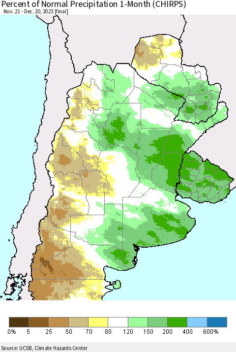 Southern South America Percent of Normal Precipitation 1-Month (CHIRPS) Thematic Map For 11/21/2023 - 12/20/2023