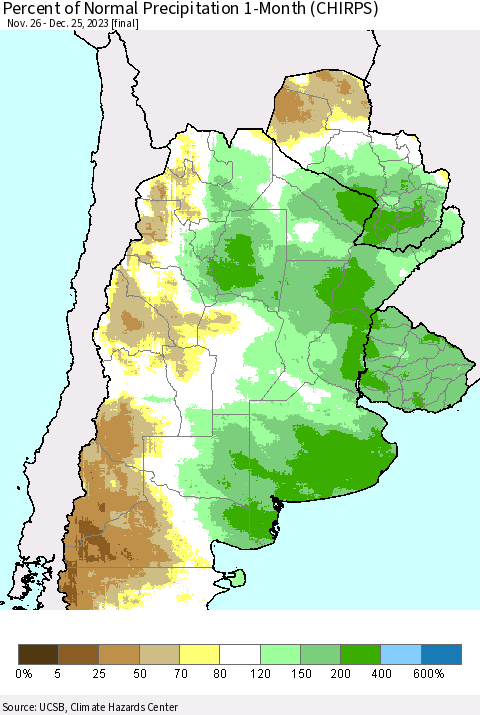 Southern South America Percent of Normal Precipitation 1-Month (CHIRPS) Thematic Map For 11/26/2023 - 12/25/2023