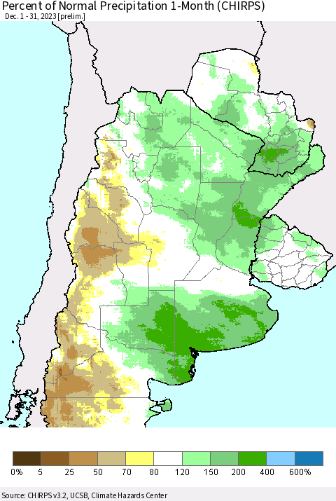 Southern South America Percent of Normal Precipitation 1-Month (CHIRPS) Thematic Map For 12/1/2023 - 12/31/2023