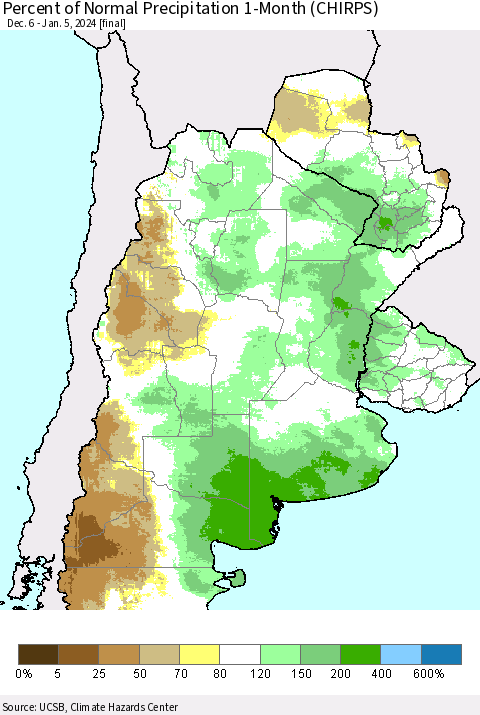 Southern South America Percent of Normal Precipitation 1-Month (CHIRPS) Thematic Map For 12/6/2023 - 1/5/2024