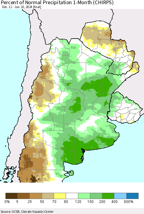 Southern South America Percent of Normal Precipitation 1-Month (CHIRPS) Thematic Map For 12/11/2023 - 1/10/2024
