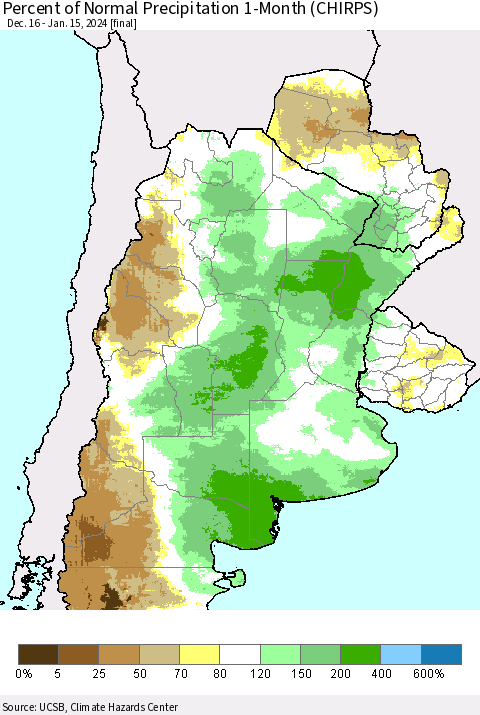 Southern South America Percent of Normal Precipitation 1-Month (CHIRPS) Thematic Map For 12/16/2023 - 1/15/2024