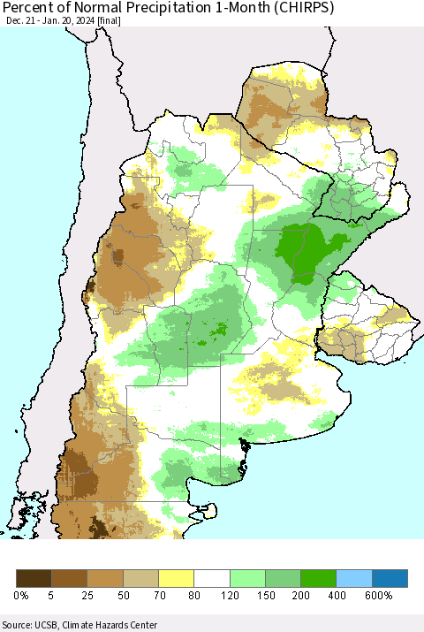 Southern South America Percent of Normal Precipitation 1-Month (CHIRPS) Thematic Map For 12/21/2023 - 1/20/2024