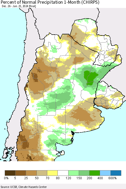 Southern South America Percent of Normal Precipitation 1-Month (CHIRPS) Thematic Map For 12/26/2023 - 1/25/2024