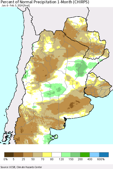 Southern South America Percent of Normal Precipitation 1-Month (CHIRPS) Thematic Map For 1/6/2024 - 2/5/2024