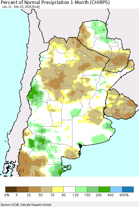Southern South America Percent of Normal Precipitation 1-Month (CHIRPS) Thematic Map For 1/11/2024 - 2/10/2024