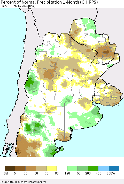 Southern South America Percent of Normal Precipitation 1-Month (CHIRPS) Thematic Map For 1/16/2024 - 2/15/2024