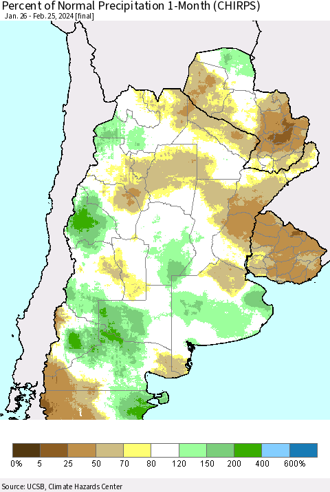 Southern South America Percent of Normal Precipitation 1-Month (CHIRPS) Thematic Map For 1/26/2024 - 2/25/2024